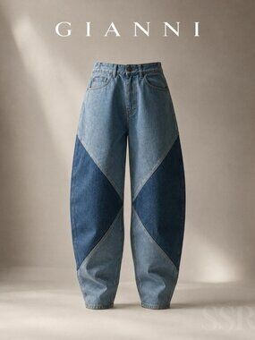 GANNI Two-Tone High Rise Tapered Jeans Organic Cotton Blue Patchwork 30
